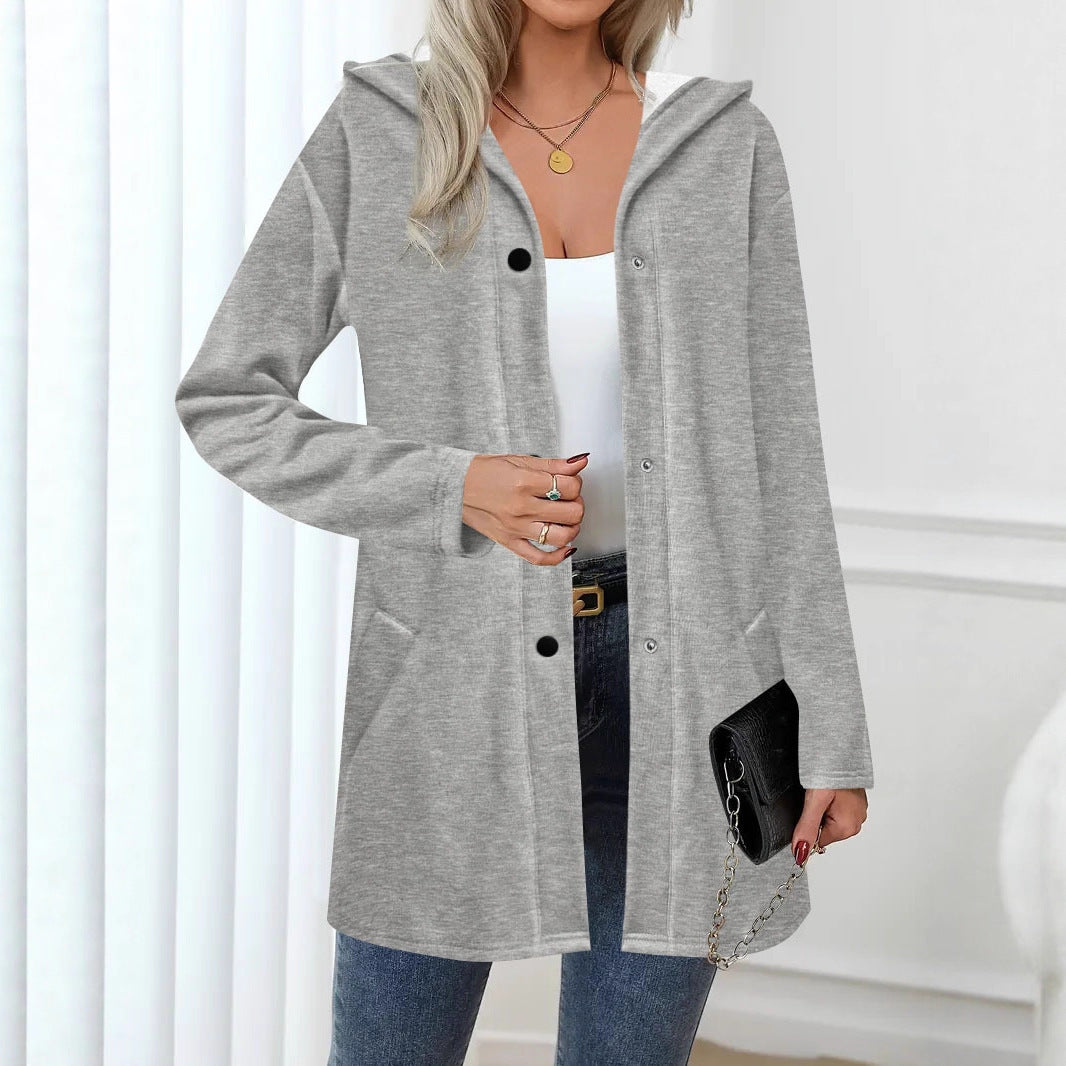 Women's fashionable long cardigan with hood and practical pockets NOVAE