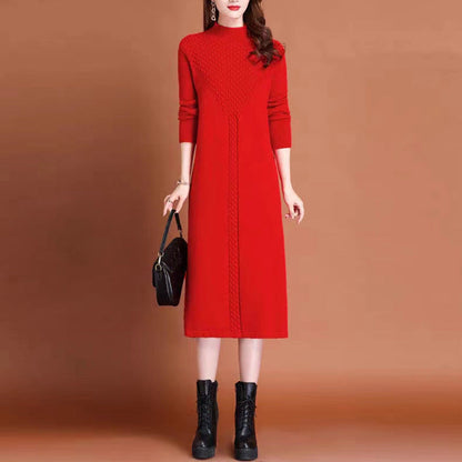 Women's knitted maxi dress with high collar and elegant cable details NOVAE