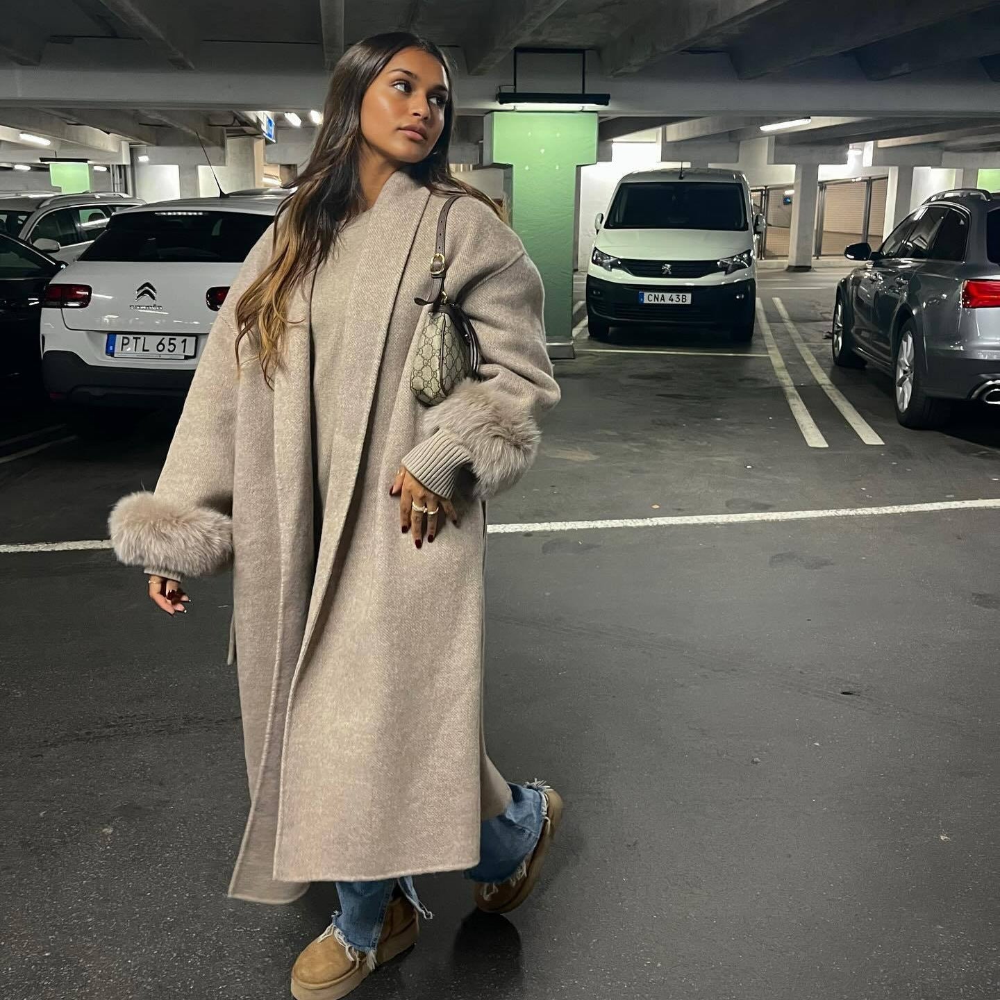 Women's Elegant Long Jacket with Detachable Fox Sleeves NOVAE