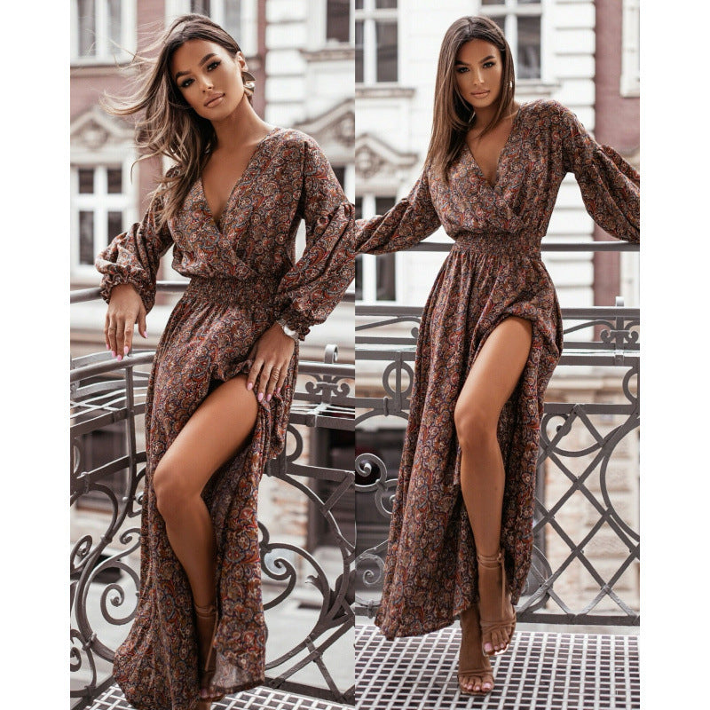 Women's maxi dress with deep V-neck and voluminous sleeves NOVAE