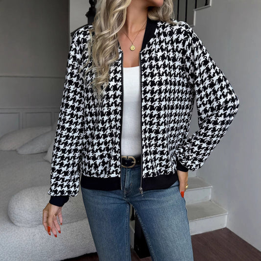 Women's fashionable bomber jacket with classic houndstooth pattern NOVAE