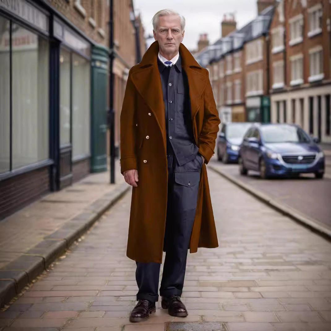 Men's elegant long coat with double-breasted front and wide lapels NOVAE