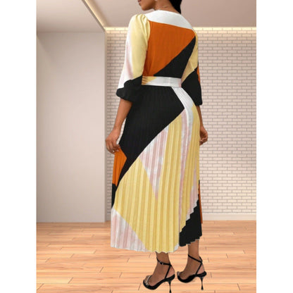 Women's pleated midi dress with V-neck and colorful pattern NOVAE