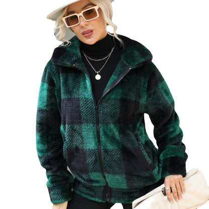 Women's plush hoodie jacket with trendy check pattern and practical zip pockets NOVAE