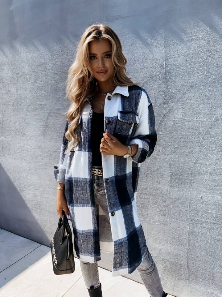 Women's checked long jacket made of high-quality fabric with button placket NOVAE