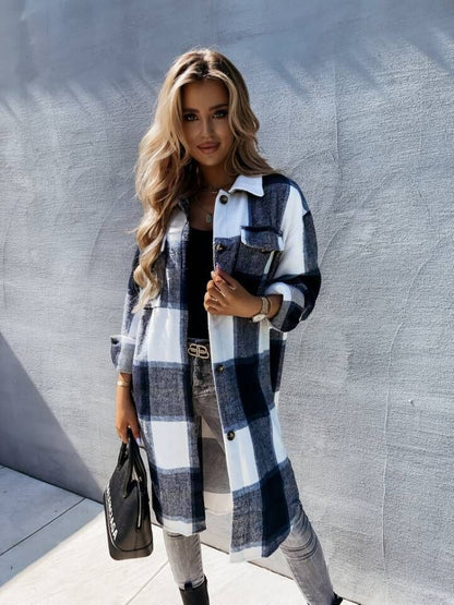 Women's checked long jacket made of high-quality fabric with button placket NOVAE