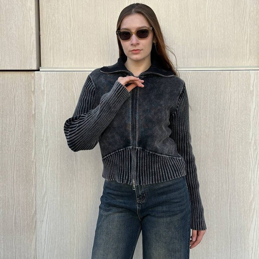 Women's short-sleeved cardigan with zipper and ribbed texture NOVAE