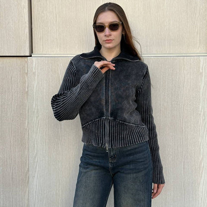 Women's short-sleeved cardigan with zipper and ribbed texture NOVAE