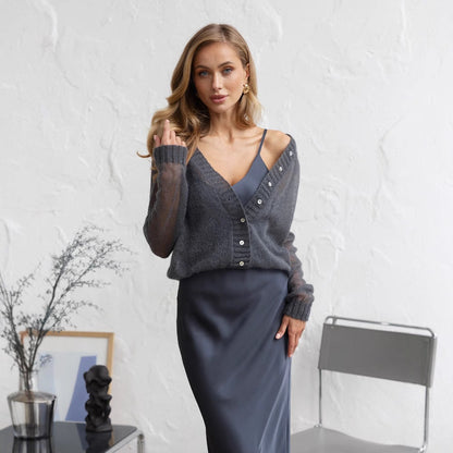 Women's cardigan with deep V-neck and practical pockets NOVAE