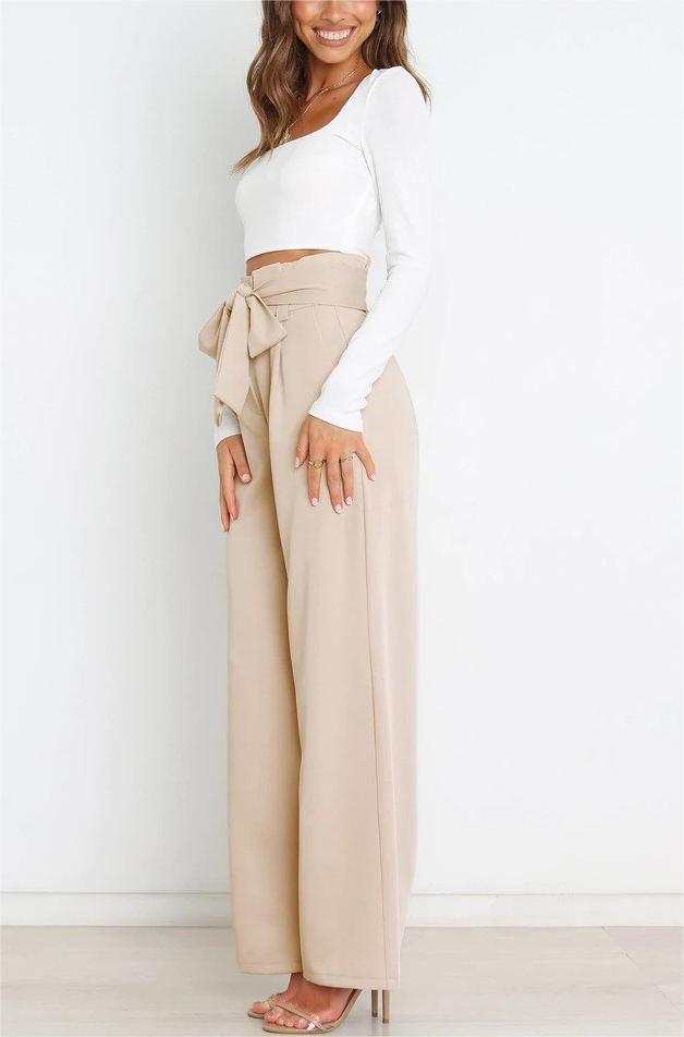 Women's wide-leg trousers with decorative tie belt NOVAE