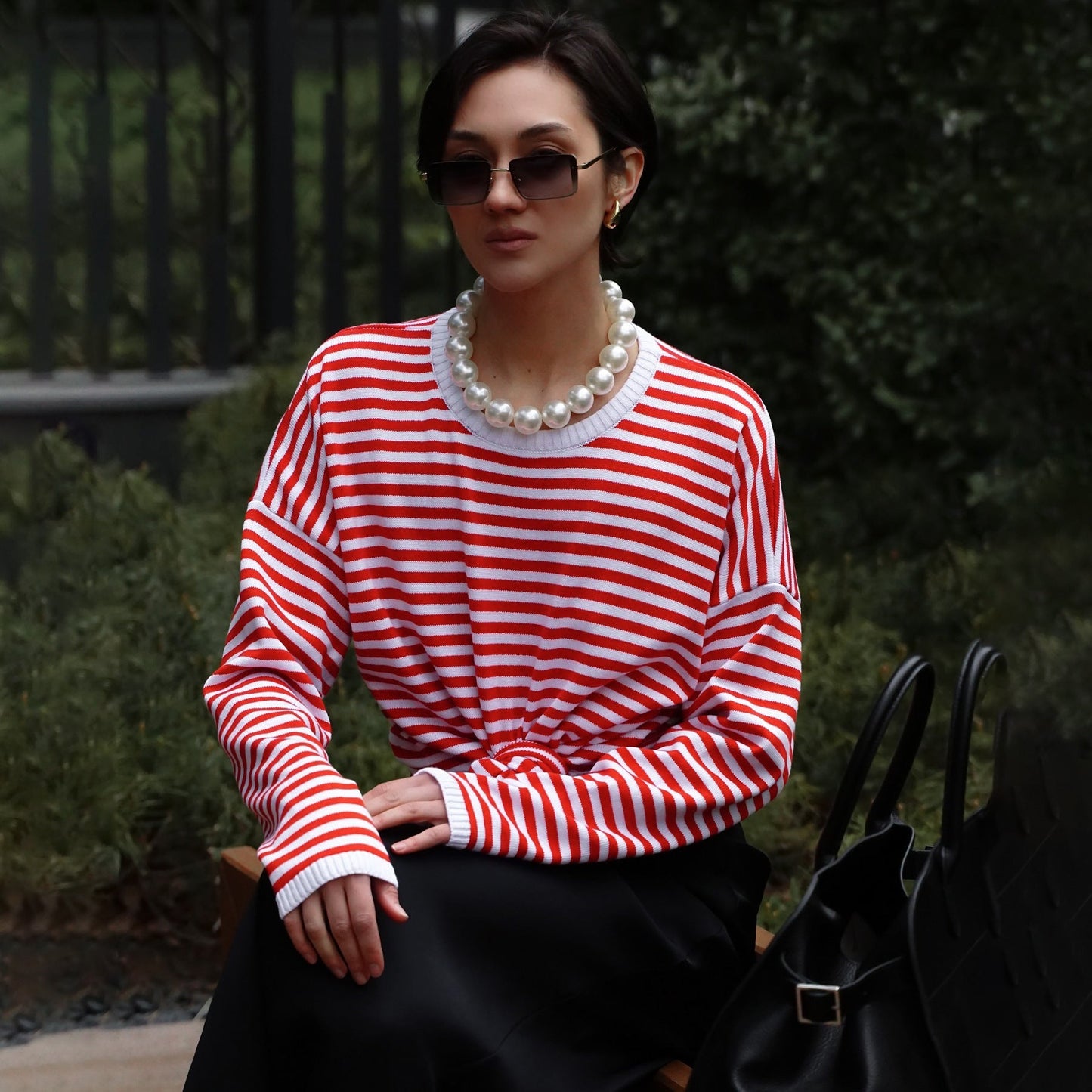 Women's casual striped long-sleeved shirt with knot detail NOVAE