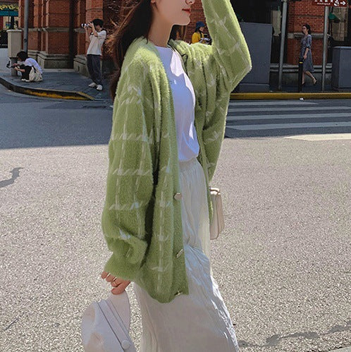 Women's Cozy Oversized Knit Cardigan with Check Pattern NOVAE