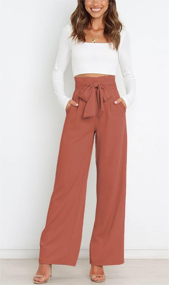 Women's wide-leg trousers with decorative tie belt NOVAE