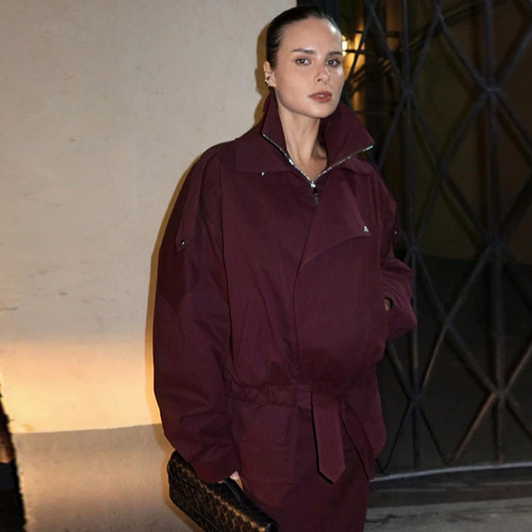 Women's modern oversized jacket with stand-up collar and waist belt NOVAE