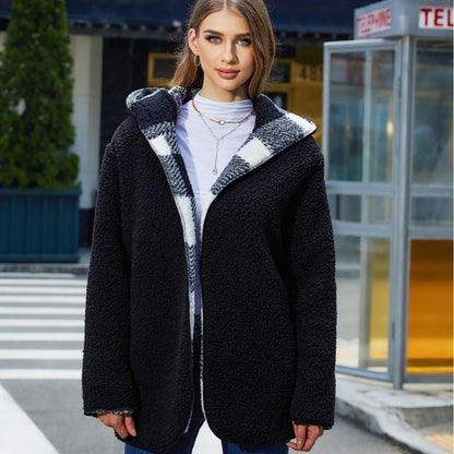 Women's Plush Check Jacket with Oversized Fit and Hood NOVAE