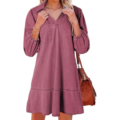Women's denim dress with voluminous sleeves and side pocket NOVAE