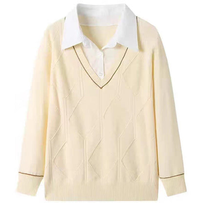 Women's knitted pullover with v-neck and textured diamond pattern NOVAE