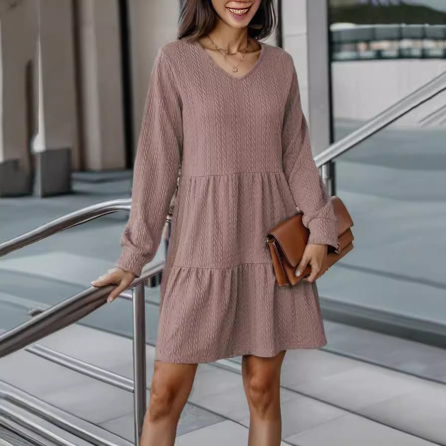 Women's casual V-neck dress with voluminous hem and long sleeves NOVAE