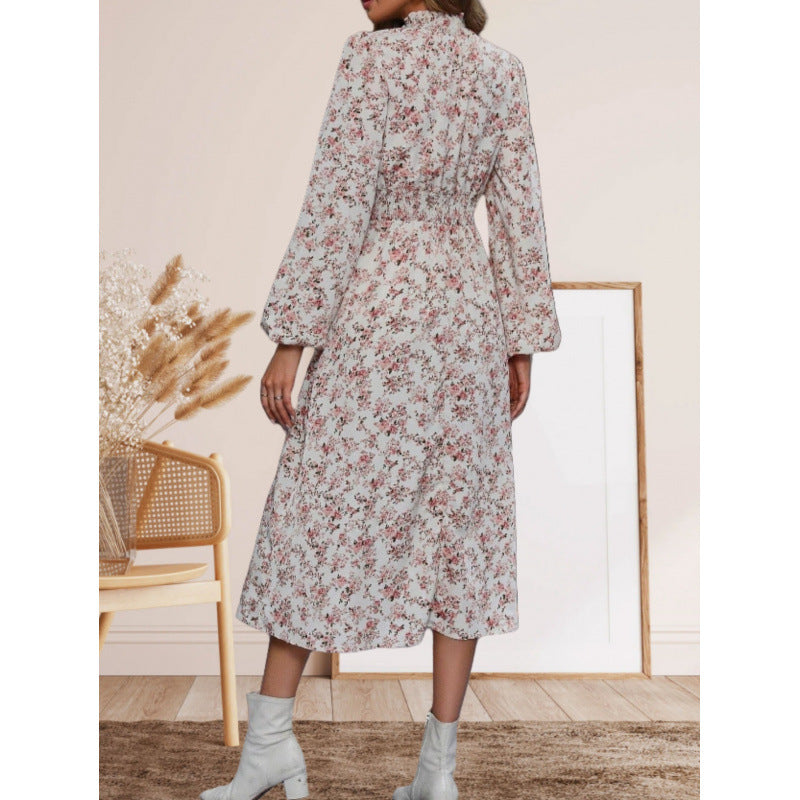 Women's maxi dress with high neckline and floral details NOVAE