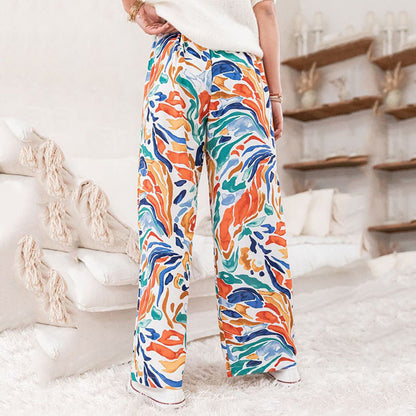 Women's wide-leg palazzo pants with colorful pattern and elastic waistband NOVAE