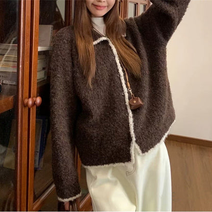 Women's cozy knit cardigan with contrasting details and collar NOVAE