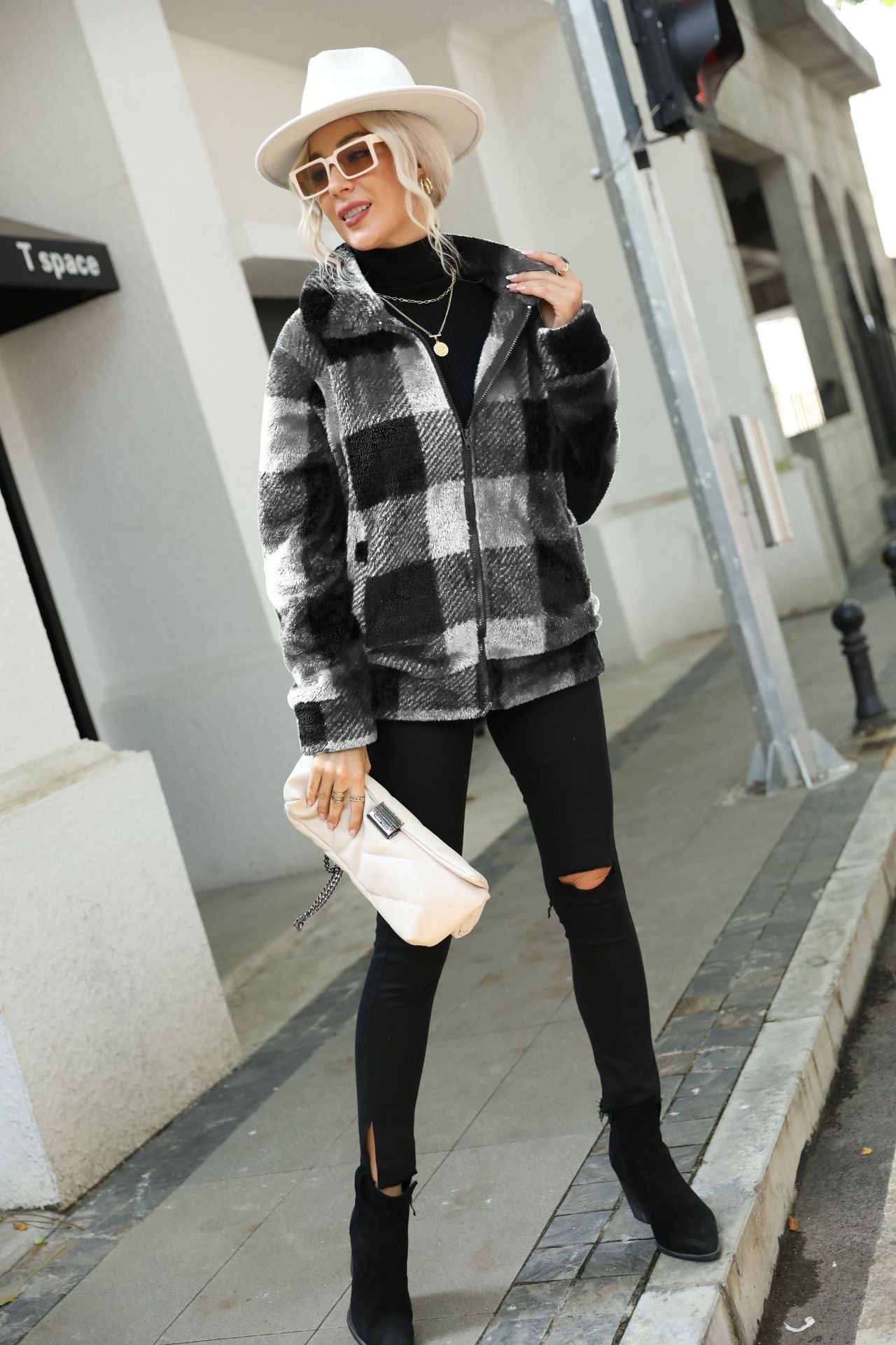 Women's plush hoodie jacket with trendy check pattern and practical zip pockets NOVAE