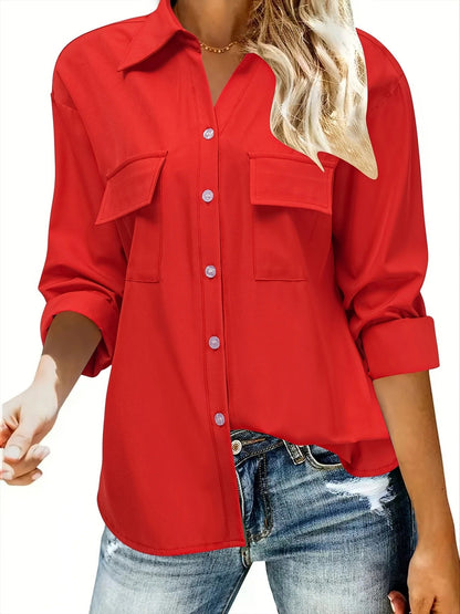 Women's casual long-sleeved blouse with practical chest pockets and button closure NOVAE