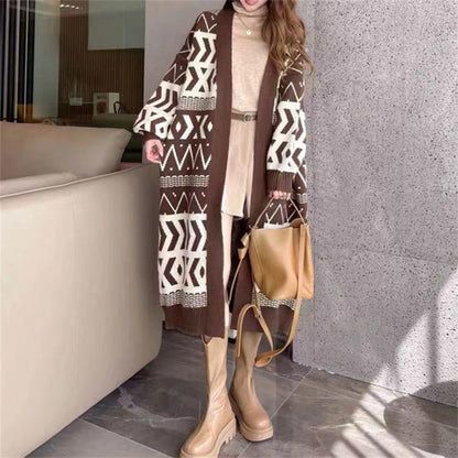 Women's Long Cardigan with Graphic Design and Deep Pockets NOVAE