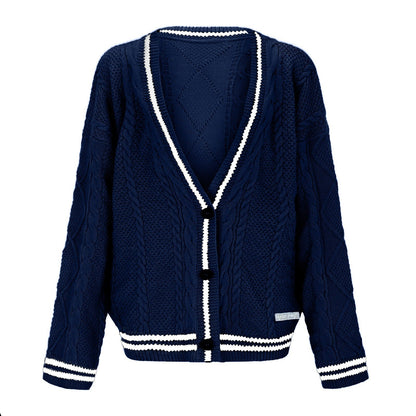 Women's chunky knit cardigan with deep V-neck and contrasting button details NOVAE
