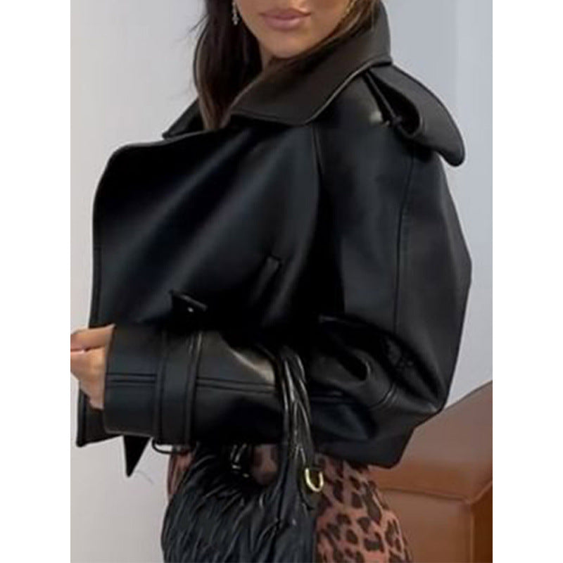 Women's Short Faux Leather Biker-Style Jacket with Textured Details NOVAE