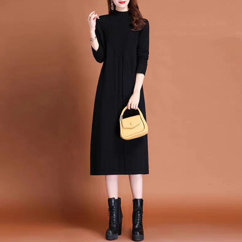 Women's knitted maxi dress with high collar and elegant cable details NOVAE