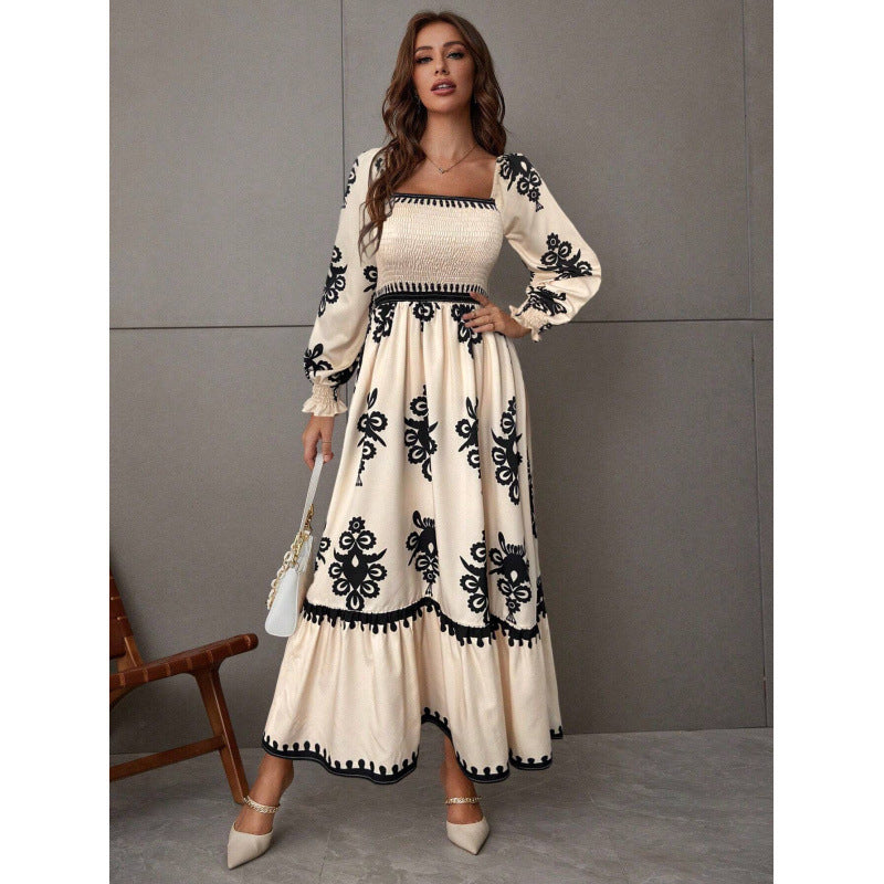 Women's maxi dress with puff sleeves and elegant embroidery pattern NOVAE