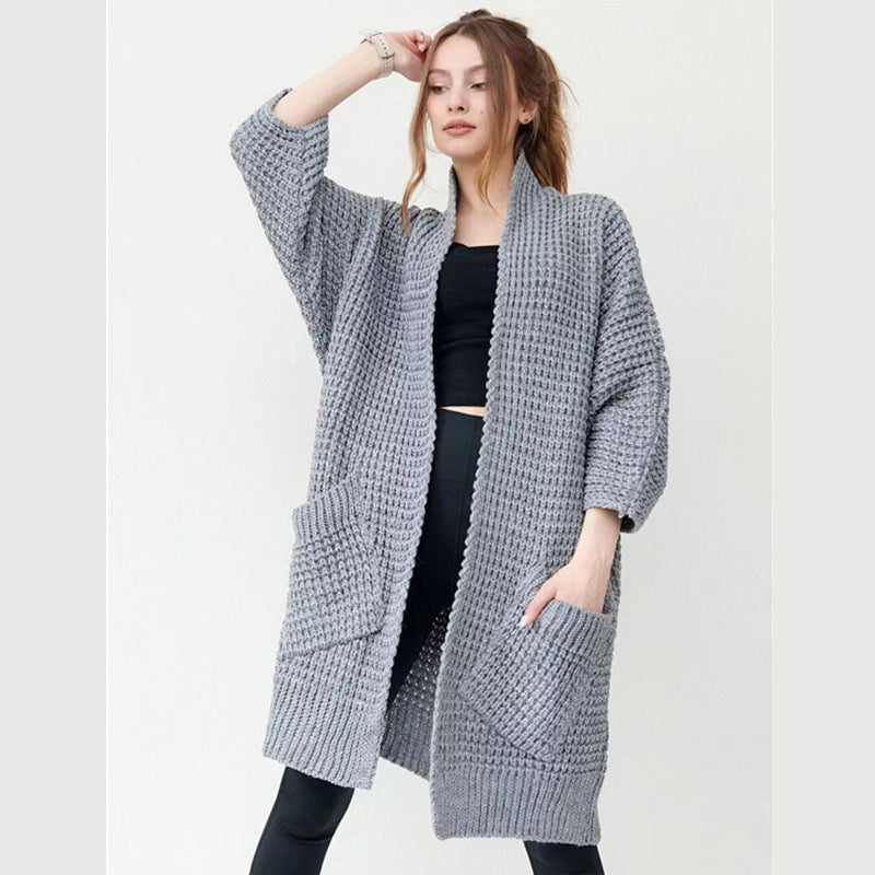 Women's long knitted coat in a fashionable waffle pattern NOVAE