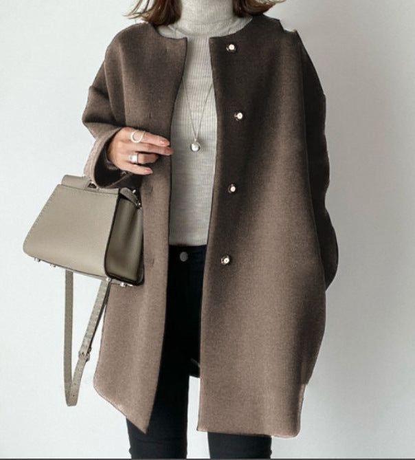Women's Elegant Oversized Wool Coat with Double Button Closure and Side Pockets NOVAE