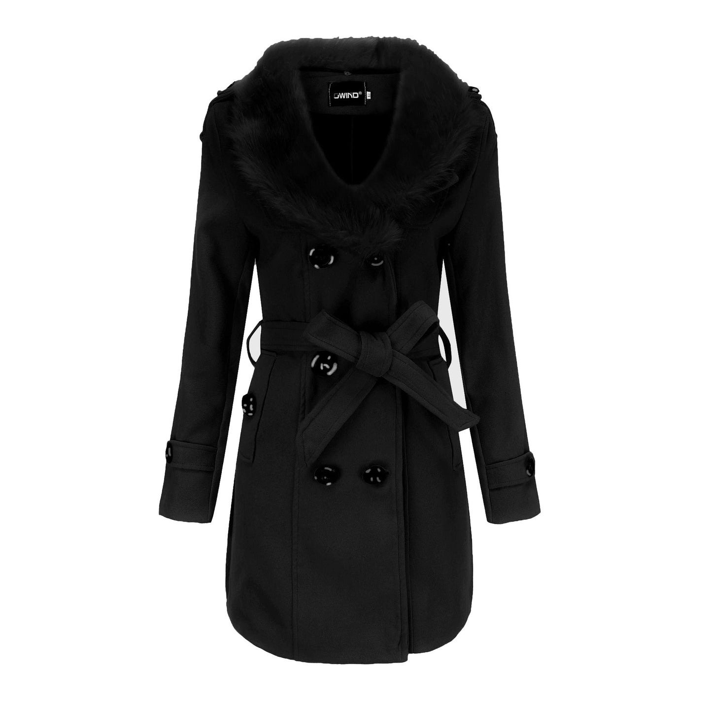 Women's elegant trench coat with faux fur collar and waist belt NOVAE