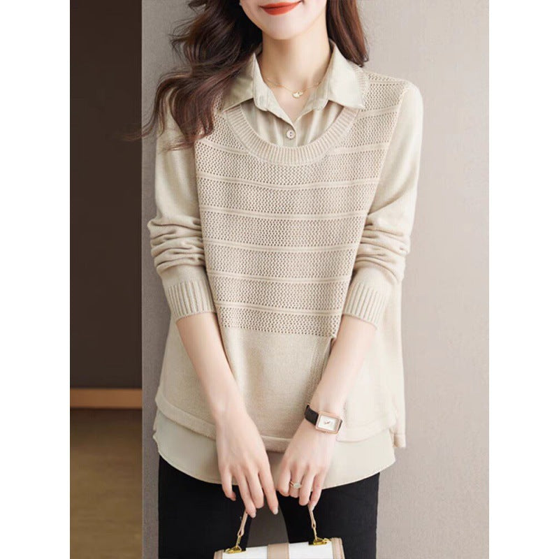 Women's knit sweater with layered design and harmonious texture NOVAE