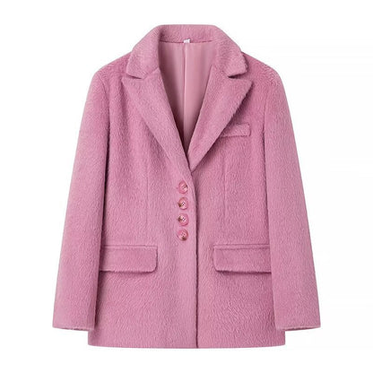 Women's elegant blazer jacket with soft fur and decorative button details NOVAE