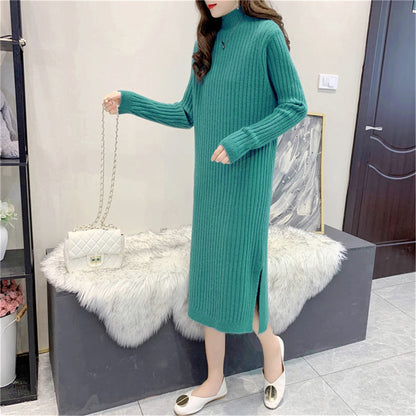 Women's knitted maxi dress with high collar and fine rib texture NOVAE