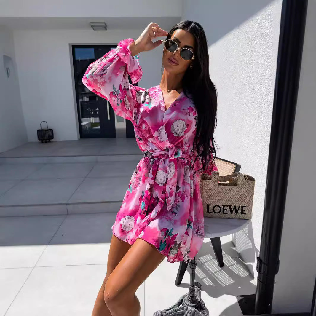 Women's wrap dress with elegant animal print and casual boat neckline NOVAE