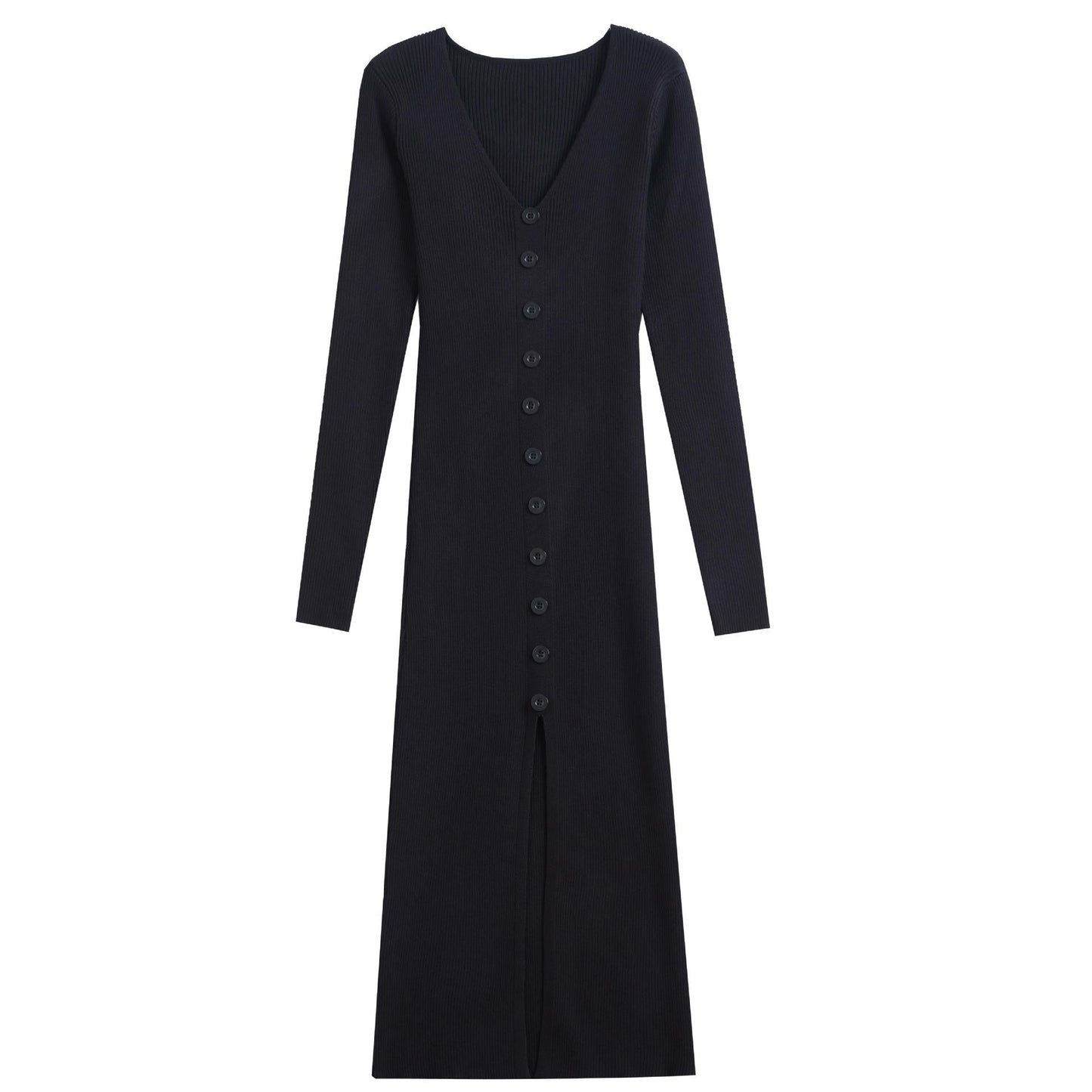Women's Long-Sleeved Maxi Dress with Ribbed Texture and Button Detail NOVAE