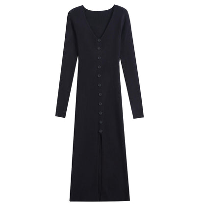 Women's Long-Sleeved Maxi Dress with Ribbed Texture and Button Detail NOVAE