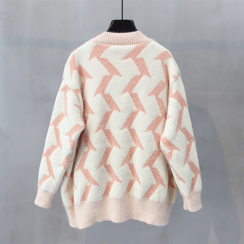 Women's chunky knit cardigan with modern zigzag pattern and button details NOVAE