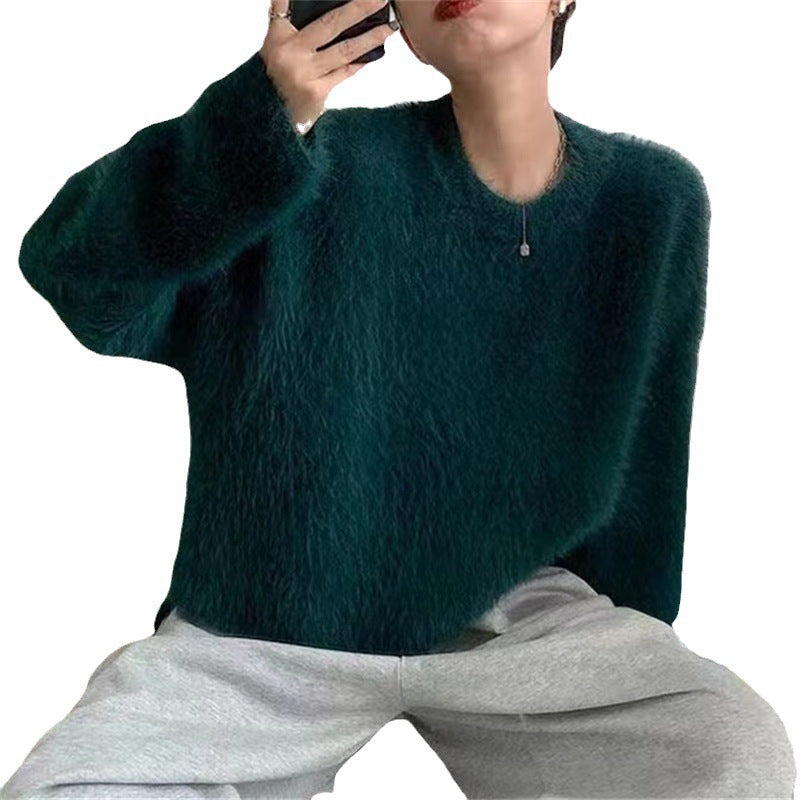 Women's fluffy sweater with a relaxed fit and high round neckline NOVAE