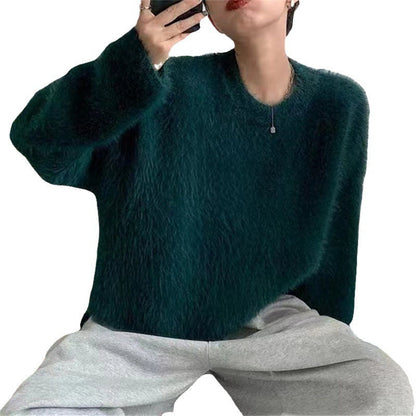 Women's fluffy sweater with a relaxed fit and high round neckline NOVAE