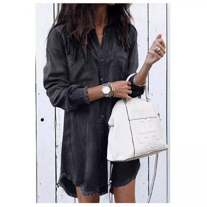 Women's casual denim shirt dress with trendy fringe detail NOVAE
