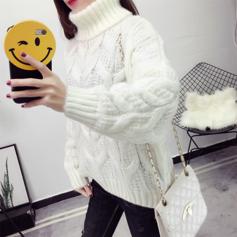 Women's chunky knit sweater with high collar and elegant cable pattern NOVAE
