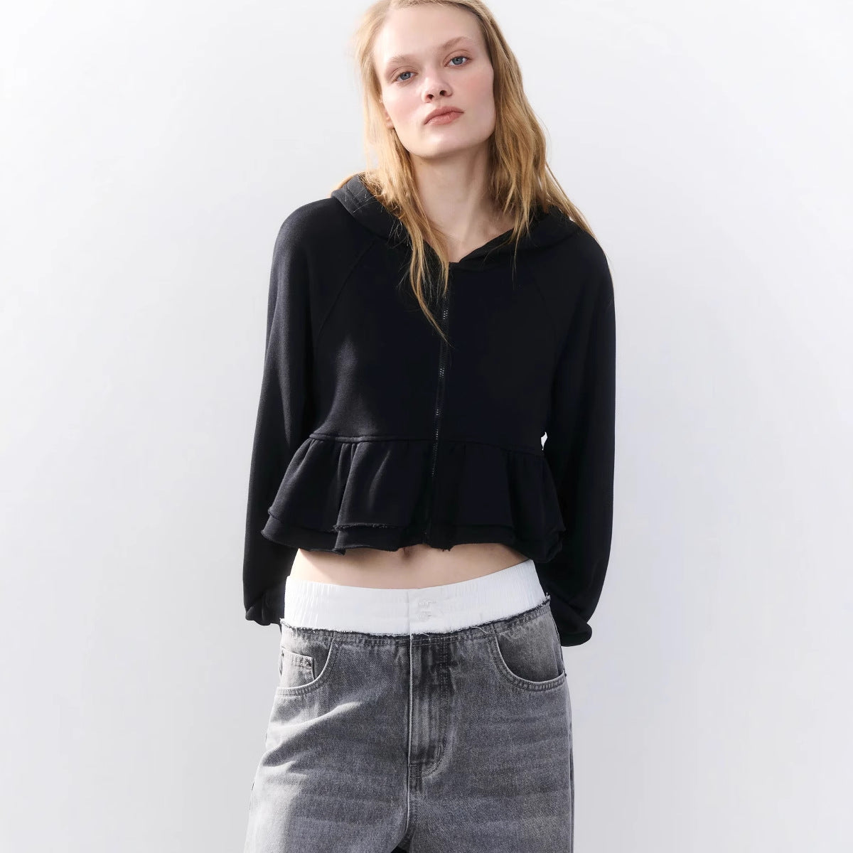 Women's cropped hooded jacket with playful ruffle design NOVAE