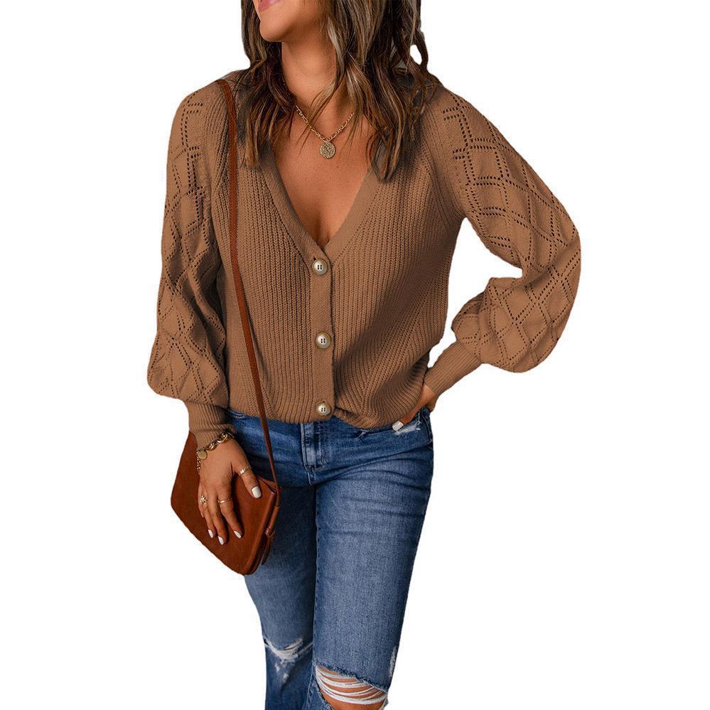 Women's cardigan with sophisticated diamond pattern and deep V-neck NOVAE