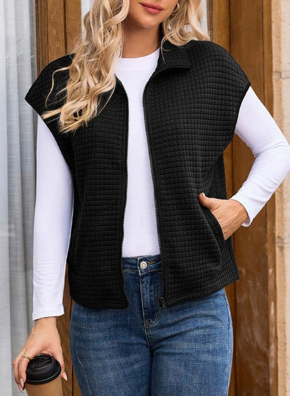 Women's Lightweight Waffle Knit Vest with Pockets and Stand-Up Collar NOVAE