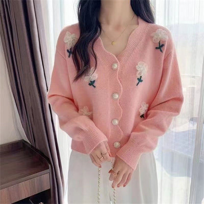 Women's cardigan with floral design and elegant pearl buttons NOVAE